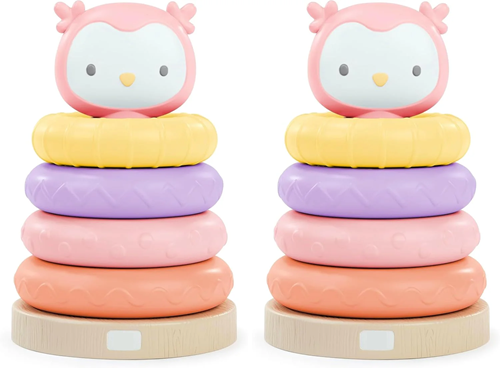 Cutie Stacks, 4 BPA-Free Rings, Faux Wood Stand, Bear Topper, Unisex, for Ages 6 Months and Up - Nate